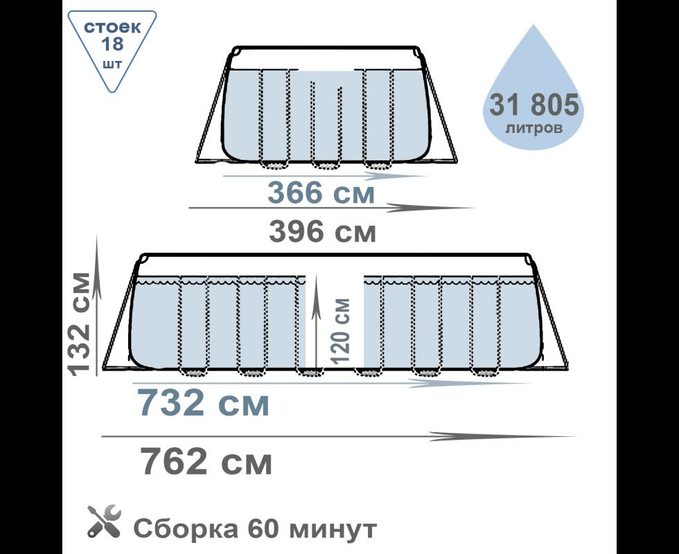 Прев'ю: Intex 26368 (732x366x132 см) з хлоргенератором [202кг] 105x62x152