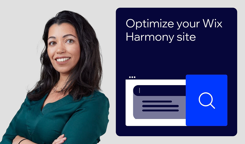 Smiling woman in teal beside a dark blue promo card reading Optimize your Wix Harmony site with a browser and search icon.