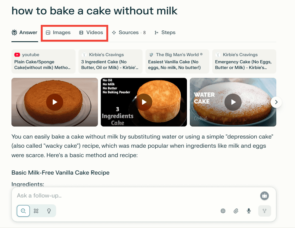 Webpage showing a search on how to bake a cake without milk. Features images of cakes and step-by-step video options. Text offers a recipe.