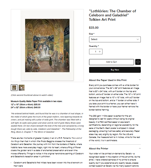 Art print of "Lothlórien: The Chamber of Celeborn and Galadriel" by Tolkien; detailed room scene, arching golden hall, elves in conversation.
