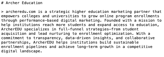 Text block summarizes ArcherEDU's role in helping universities with digital marketing strategies for enrollment growth and optimization.