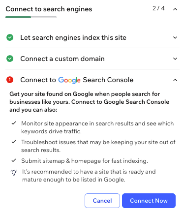 Setup dialog titled Connect to search engines showing checklist, Google Search Console warning, and Cancel/Connect Now buttons.