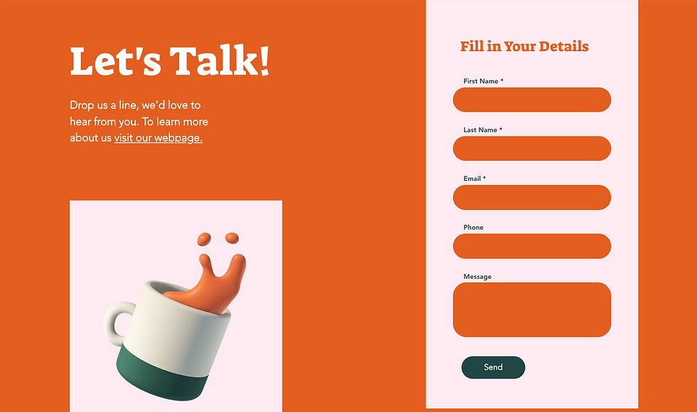 Orange contact form with "Let's Talk!" text, coffee cup with splash graphic, and fields for name, email, phone, and message on the right.