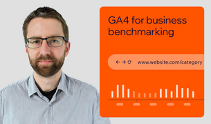 James Clark headshot next to orange text box that says "GA4 for business benchmarking."