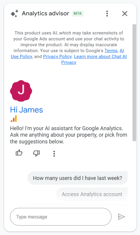 Chat interface with AI assistant for Google Analytics. "Hi James" greeting with text options. Pink "J" icon. White background.