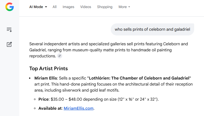 Google search results listing art prints of Celeborn and Galadriel, detailing price, sizes, and availability at MiriamEllis.com.