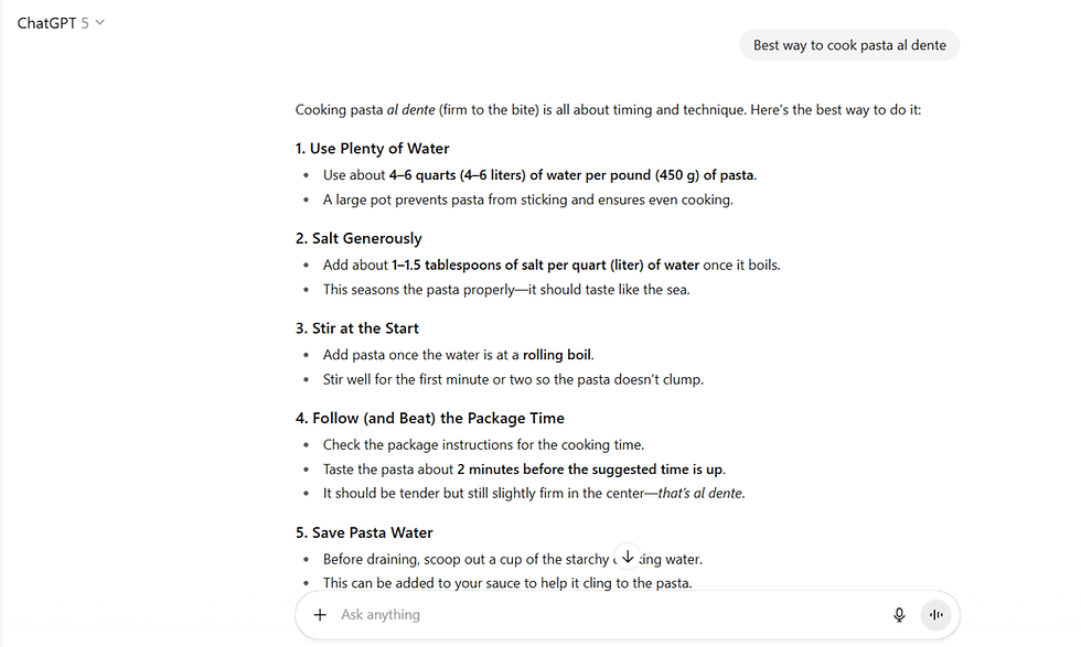 Text detailing steps to cook pasta al dente: Use plenty of water, salt generously, stir at the start, follow package time, and save pasta water.