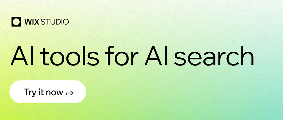 Wix Studio promo image. Text: "AI tools for AI search." Button: "Try it now." Gradient background from green to blue. Minimalist design.