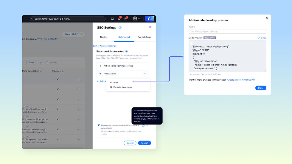 SEO settings panel and AI-generated markup preview on a gradient blue background. FAQ markup with schema.org JSON code is visible.