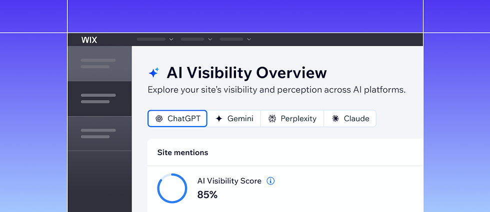 Wix AI Visibility Overview screen showing an 85% visibility score. Options for ChatGPT, Gemini, Perplexity, and Claude. Blue gradient background.