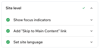 Accessibility settings panel showing site level options: Show focus indicators, Add Skip to Main Content link, and Set site language.