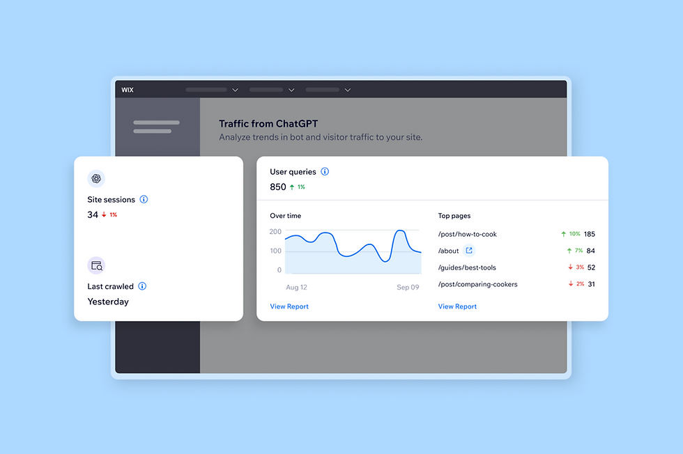 Website analytics dashboard on light blue background showing site sessions, user queries, and top pages with graph and performance indicators.