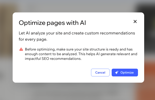 Modal titled Optimize pages with AI explains AI SEO recommendations, with warning text and Cancel and Optimize buttons.