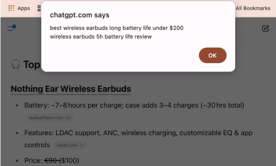 Pop-up message reads "best wireless earbuds long battery life under $200." Background shows text about Nothing Ear Wireless Earbuds.