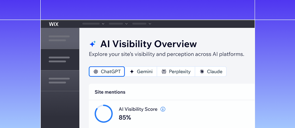 WIX dashboard showing "AI Visibility Overview" with an 85% AI Visibility Score. Features tabs: ChatGPT, Gemini, Perplexity, Claude. Blue gradient background.