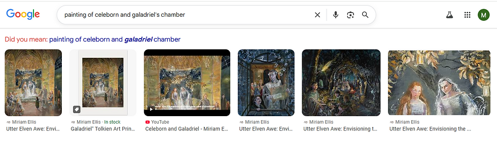 Search results showing various paintings by Miriam Ellis depicting a fantasy scene with figures and a forest backdrop, under the query "painting of celeborn and galadriel's chamber".