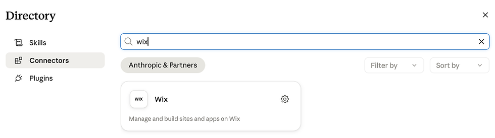 Directory page with Connectors selected, search box typed wix, showing a Wix connector card and Filter by/Sort by controls.
