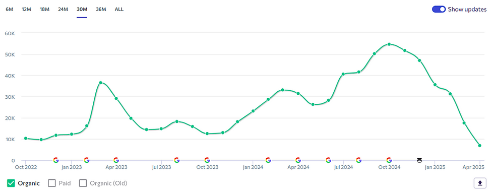Line graph showing organic traffic from Oct 2022 to Apr 2025, peaking in May 2023 and Oct 2024. Green line indicates fluctuations.