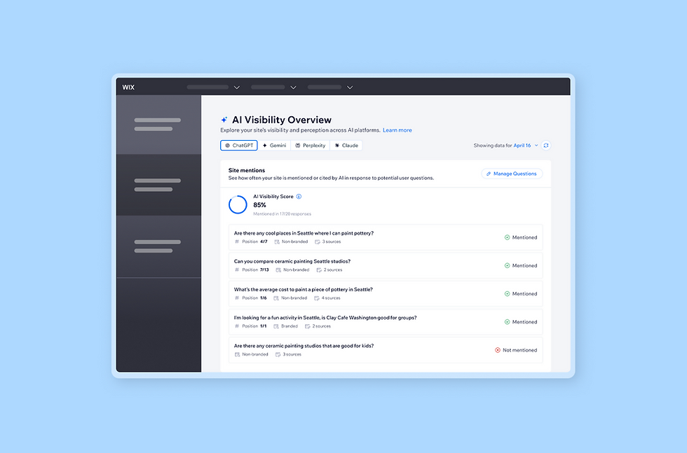 Dashboard showing AI Visibility Overview with 85% site score and mentioned user questions. Interface on blue background with tabs.