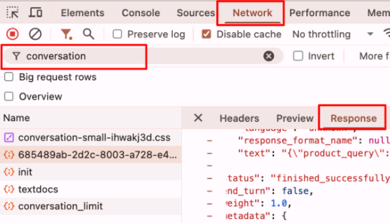 Browser developer tools screenshot showing a Network tab focused on conversation logs. "Network" and "Response" are highlighted in red.