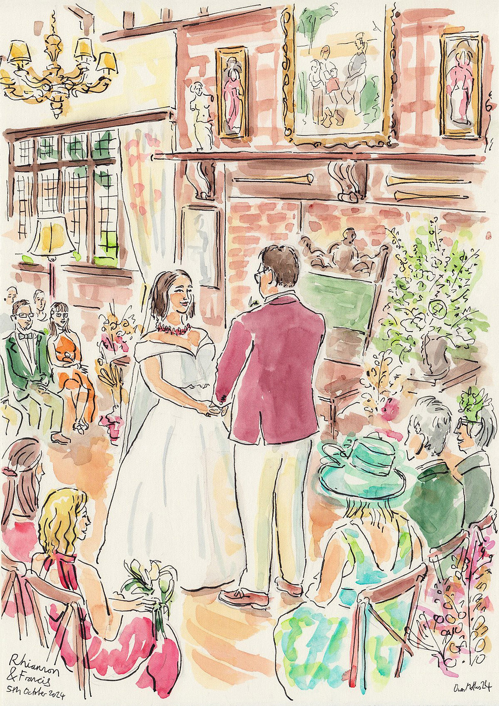 Wedding couple during ceremony - example of live wedding illustration by Owen
