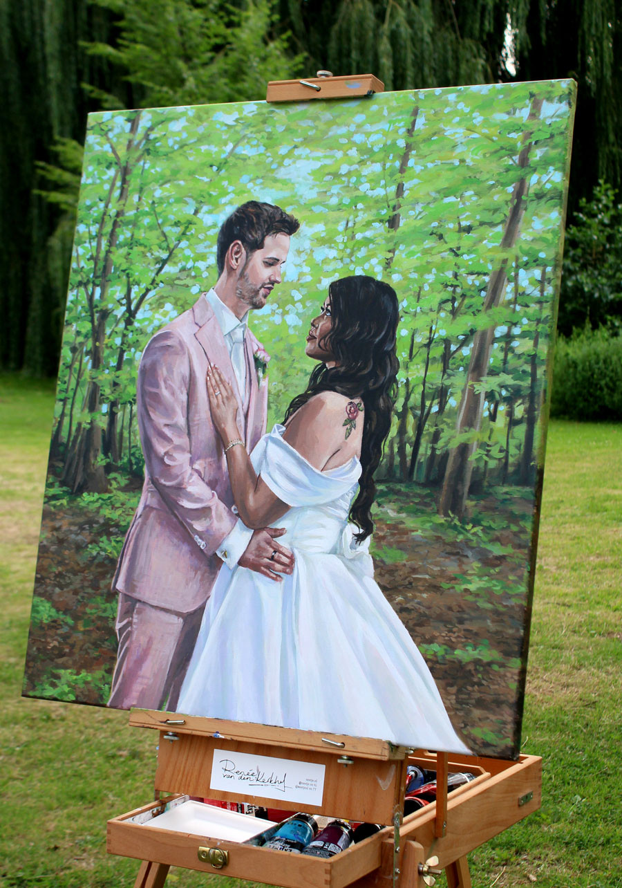 Live wedding painting, detailed portraits, romantic close-up, international couple.