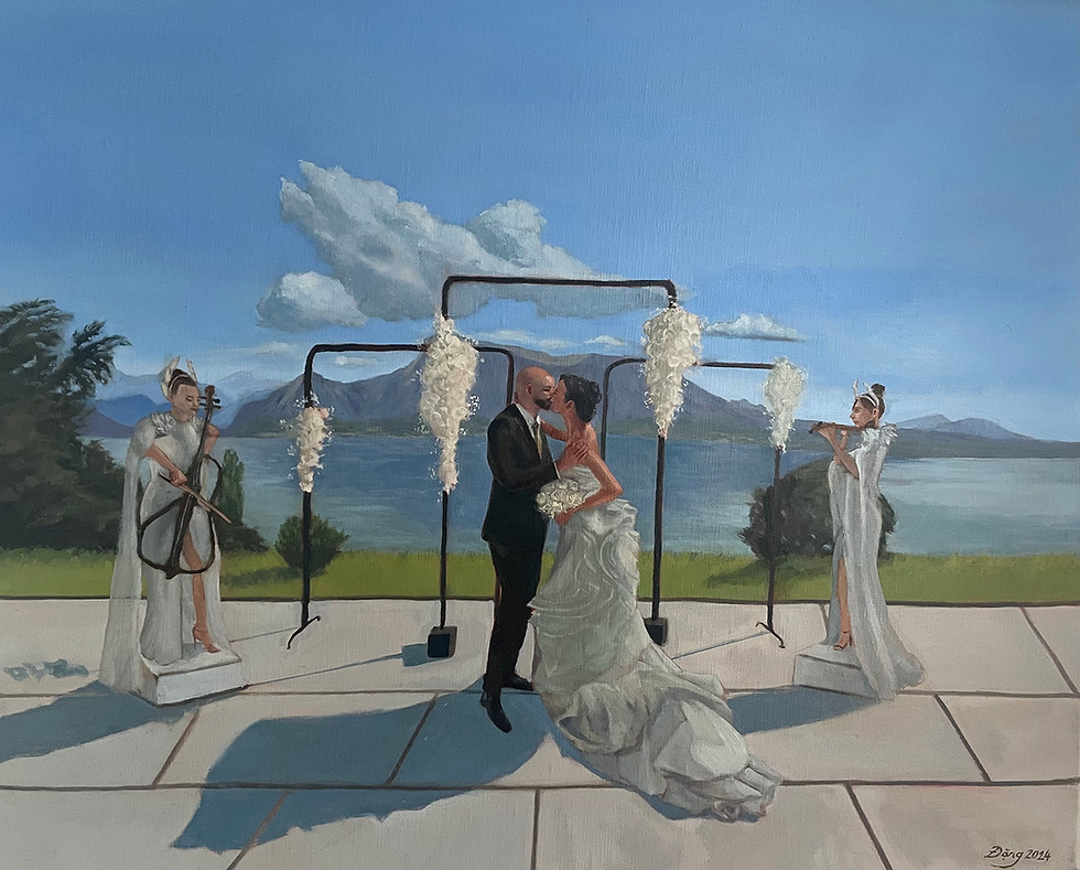 Outdoor ceremony setting, live wedding painting with water and mountains in background
