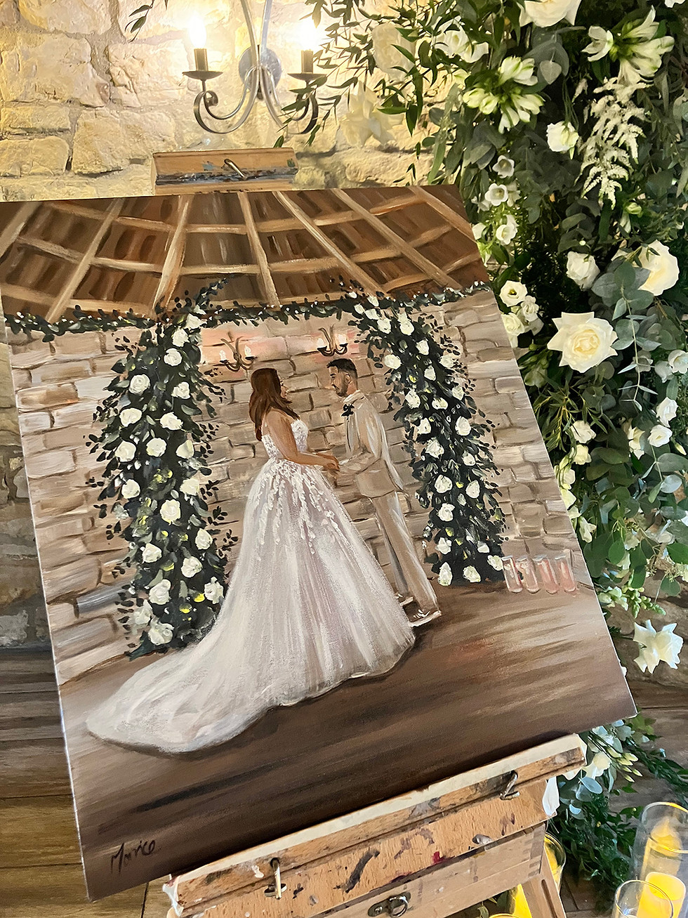 Photo of live wedding painting, indoor ceremony setting