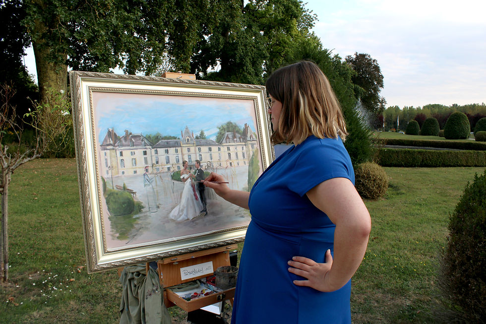 Artist is painting on a canvas, French château garden