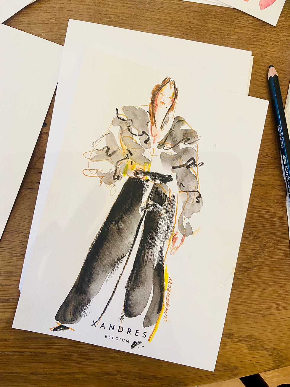 Fashion guest illustration example by live painter Roxy on paper