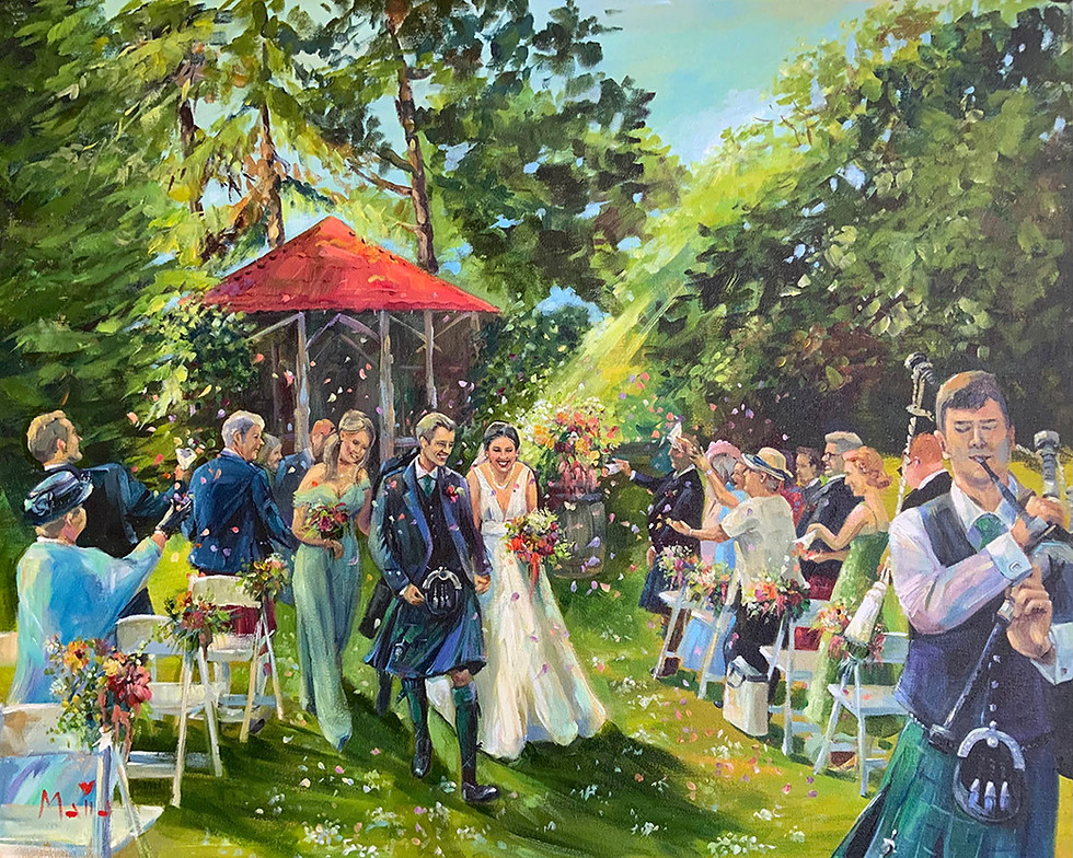 Outdoor sunny wedding ceremony, painted live by Maiia Vysotska