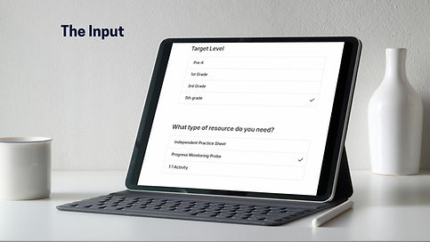 An open laptop computer on a desk in a minimalist monochromatic off-white office. The screen shows text that reads, "Target Level" with choices, and text that reads, "What type of resource do you need" with options. The title of the image reads, "The Input."