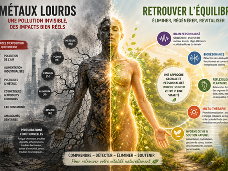 Illustration représentant l'impact des métaux lourds sur l'organisme et une approche globale associant OligoCheck, biorésonance, réflexologie et MILTA-Thérapie à Muret près de Toulouse au cabinet de Florence NGO