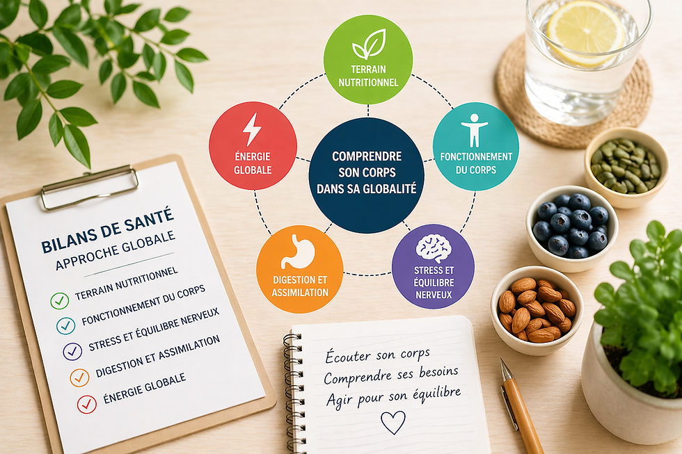 Infographie bilan de santé global : carences nutritionnelles, stress, digestion, énergie et fonctionnement du corps humain.