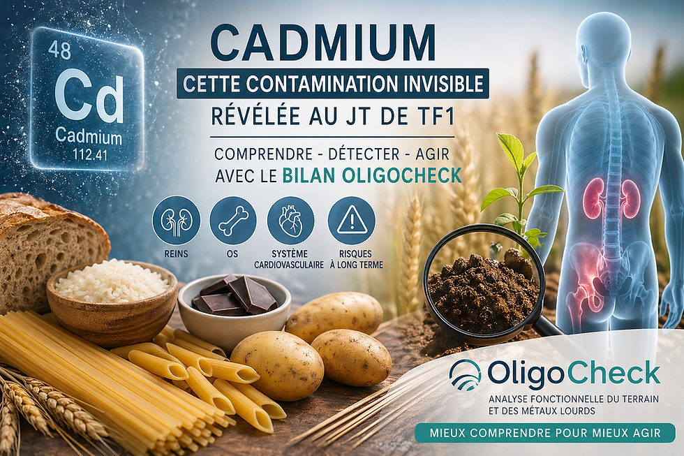 Cadmium dans l'alimentation: pain, pâtes, riz .... une exposition invisible aux métaux lourds mise en lumière par le JT de TF1. Le Bilan OligoCheck permet d'évaluer la présence de Cadmium et les déséquilibres du terrain à Muret près de Toulouse