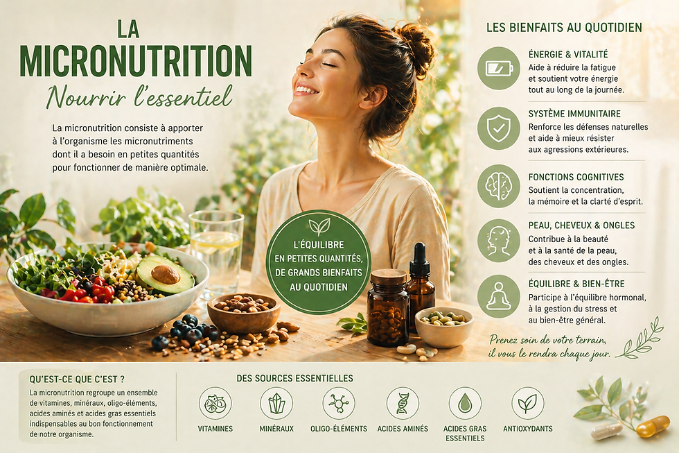 Micronutrition et bienfaits au quotidien avec vitamines, minéraux et oligo-éléments pour soutenir l'énergie, l'immunité, les fonctions cognitives et l'équilibre global de l'organisme.