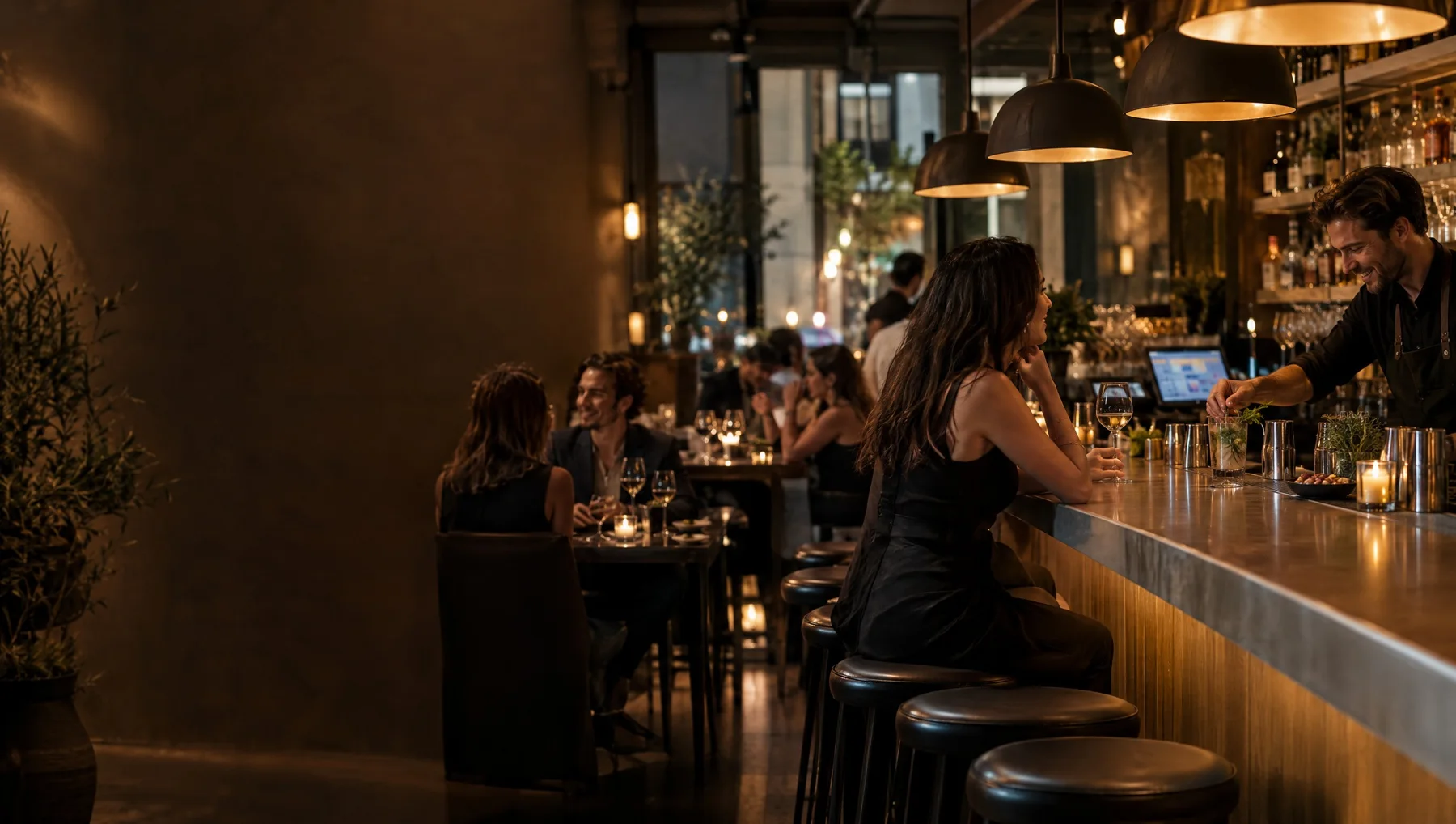Illustrative evening service at a warmly lit bar