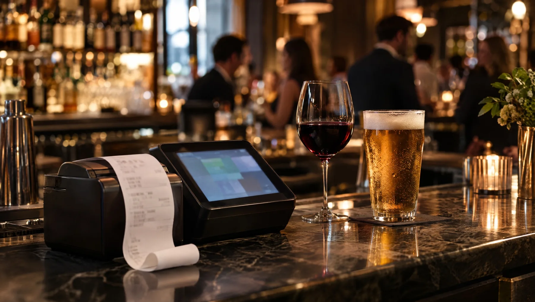 Illustration of a POS terminal and receipt beside drinks at a bar