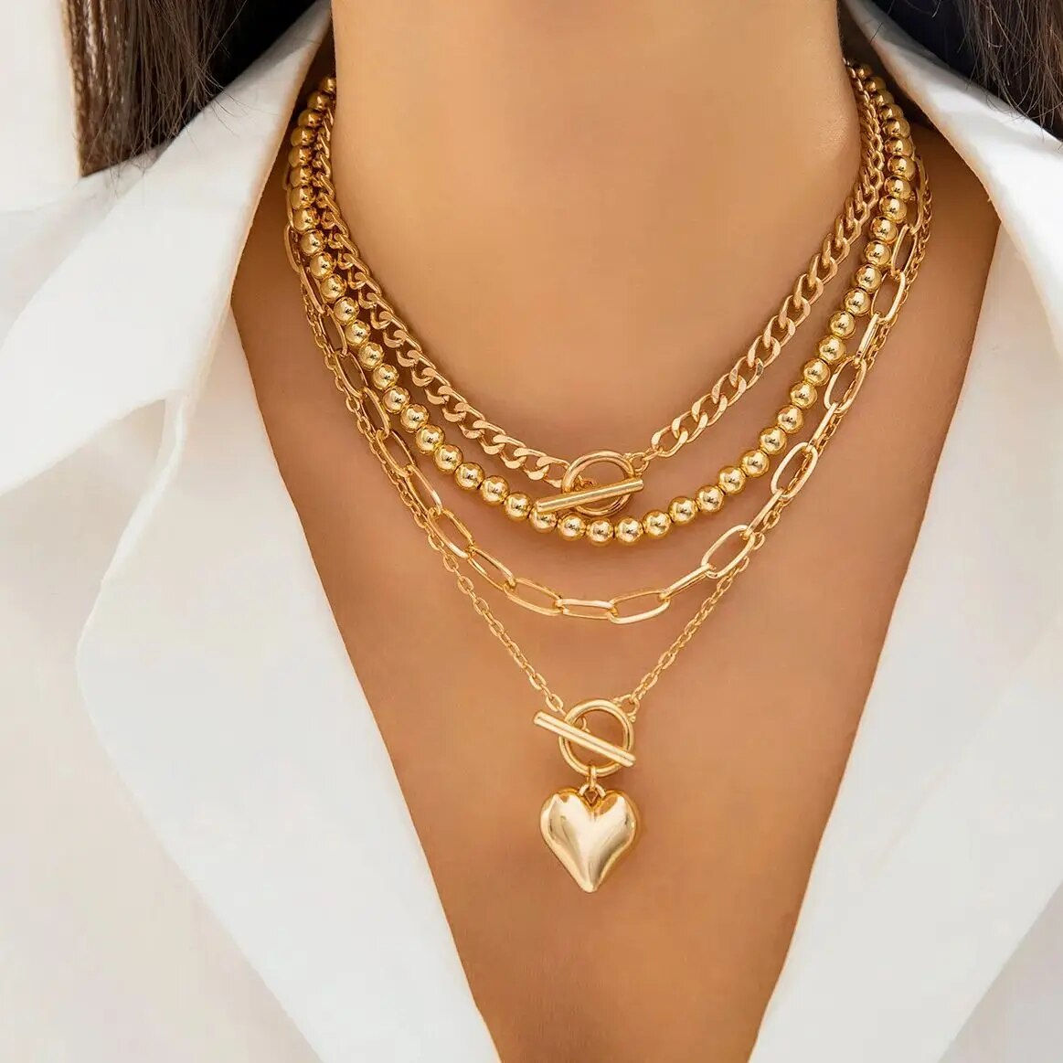 4Pcs/Set Punk Gold Color Heart Pendant Necklace