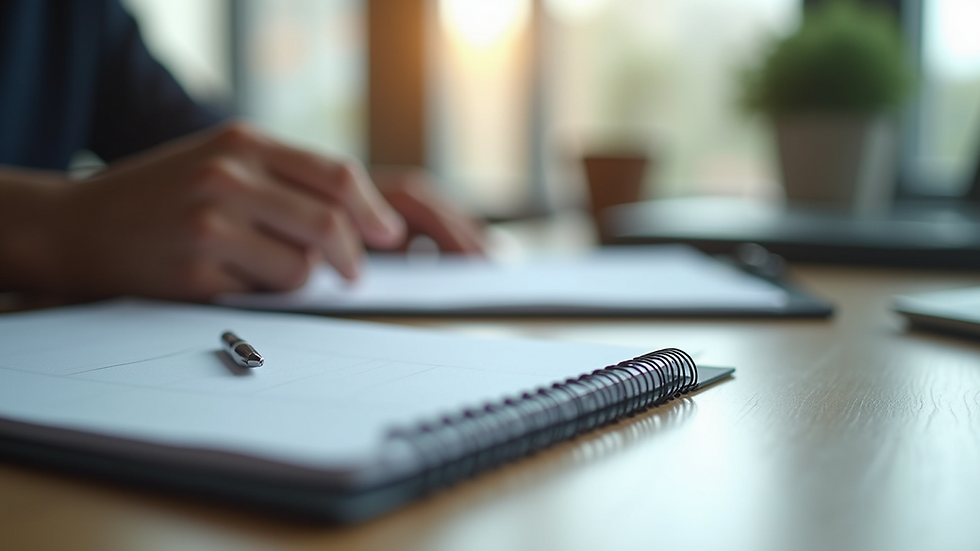 Eye-level view of a modern workspace with a notepad and pen