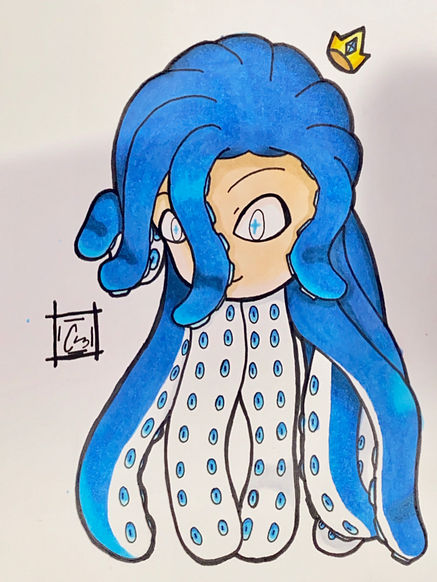 A traditional headshot drawing of a humanoid squid figure. He has long blue tentacles for hair with blue suction spots on the white undersides. His hair falls softly around his face, giving the impression he is underwater based on the fluidity of the tentacles. His eyes are mainly white with a small blue cross for pupils. A small golden crown hovers off-center over his head. 