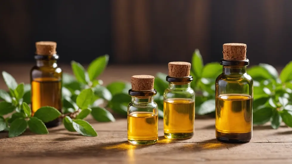 Close-up view of essential oil bottles on a wooden surface