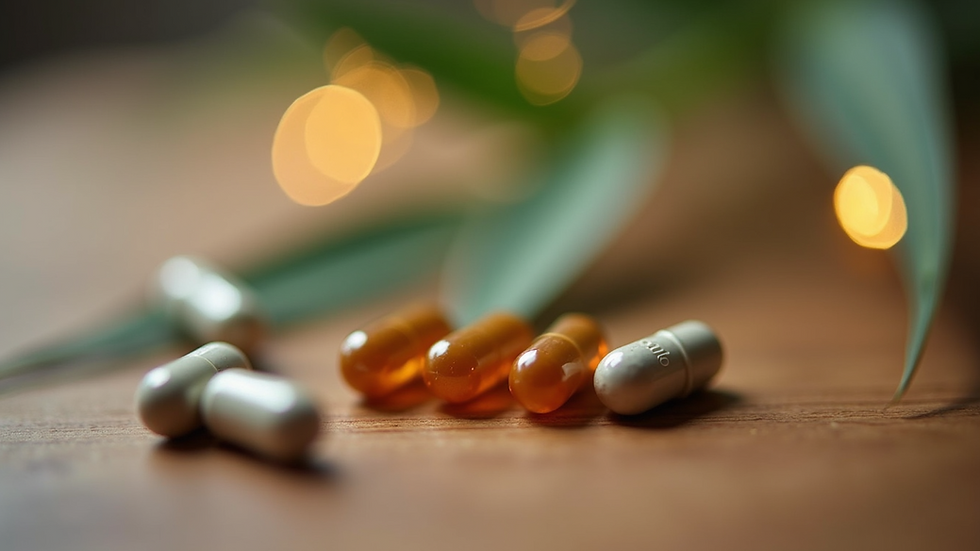 High angle view of CBD capsules on a wooden surface