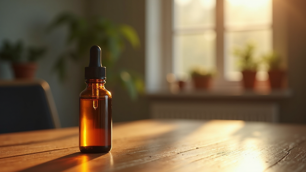Close-up view of a bottle of full-spectrum CBD oil on a wooden table