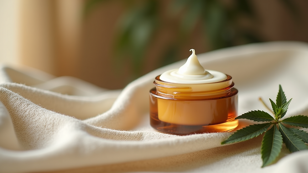 Close-up of CBD cream jar on natural fabric