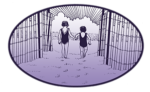 Two children in bathing suits walk towards the sea. There is a sunburst behind clouds and they're between dune fencing. Logo by Glenn Lash.