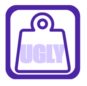 small graphic a large ton weight with the word UGLY inside, both in a frame.