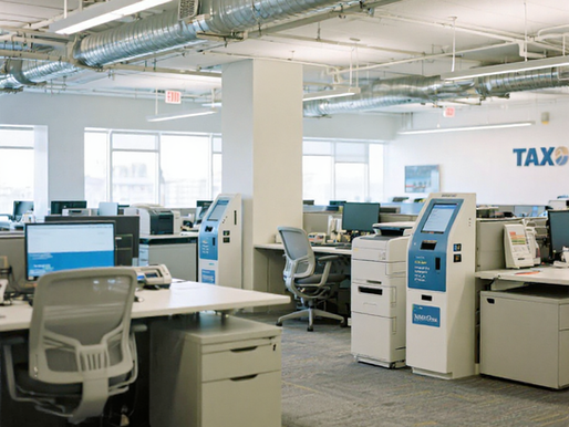 Seasonal Tax Office Equipped with Automated Kiosks and Organized Workstations