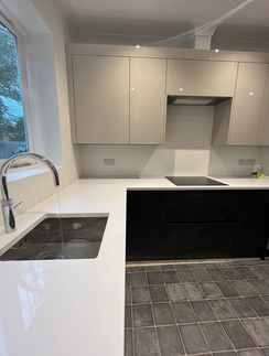 Modern kitchen with contrasting gloss cupboard doors, custom-fitted by SB Carpentry & Building