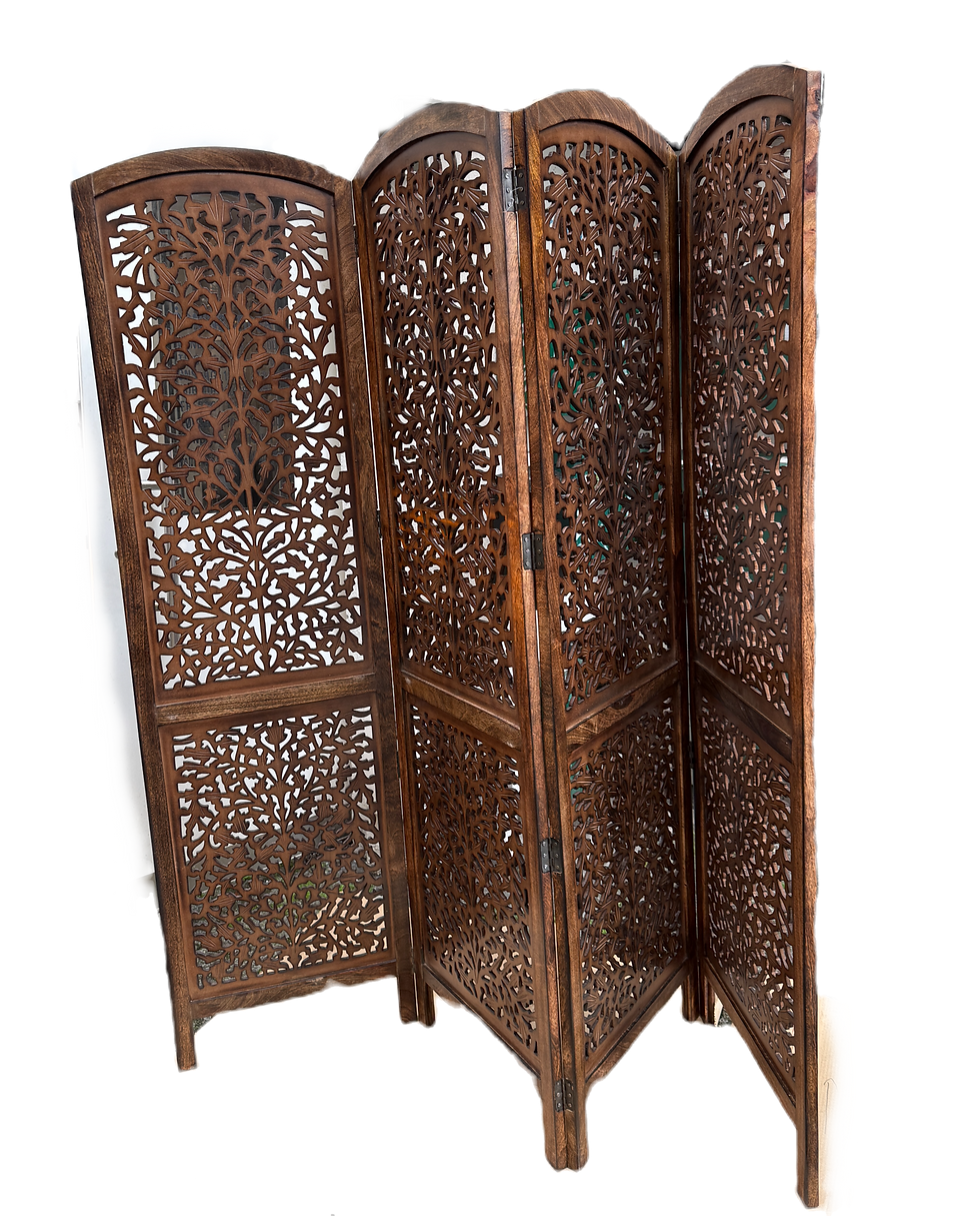Thumbnail: Hand-Carved Wooden Folding Room Divider with Intricate Floral Pattern